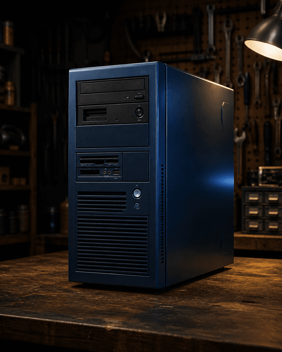 A metallic blue early-2000s desktop tower