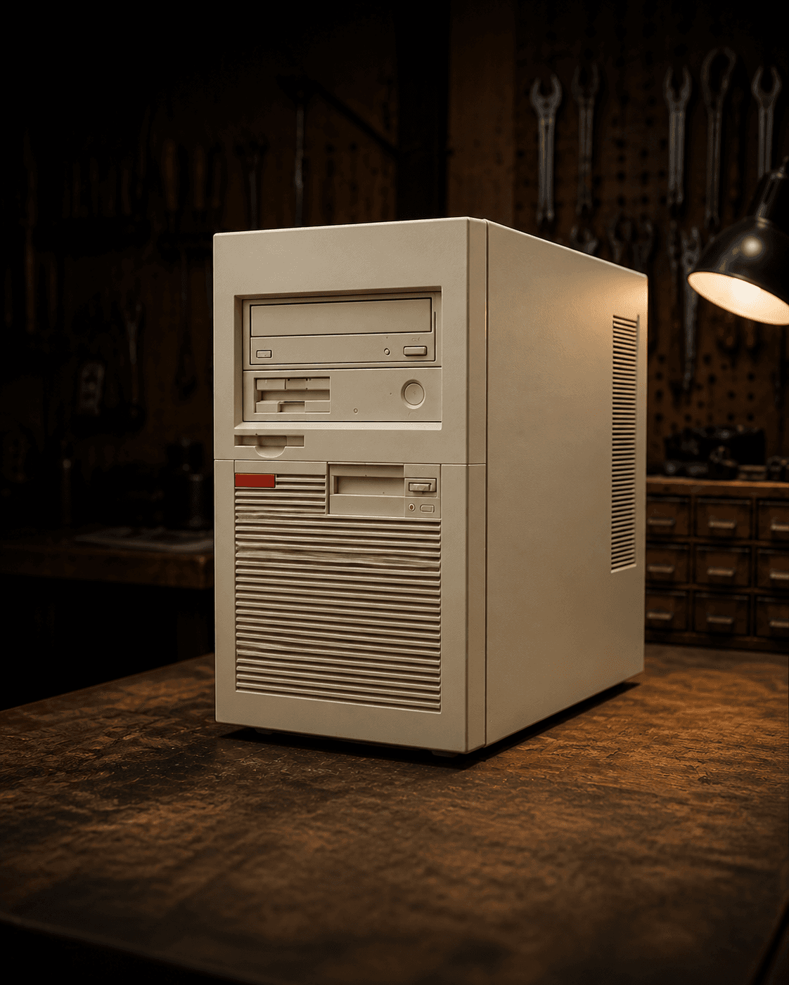 A restored beige desktop tower