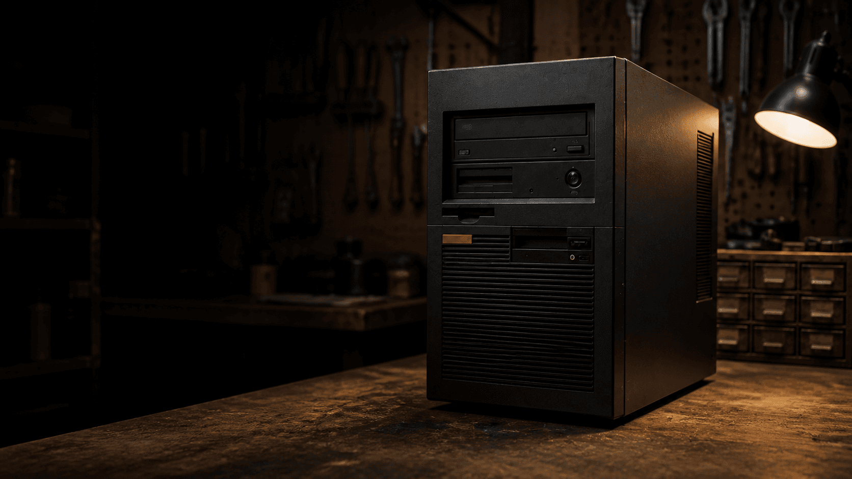 A restored desktop computer on a workshop bench