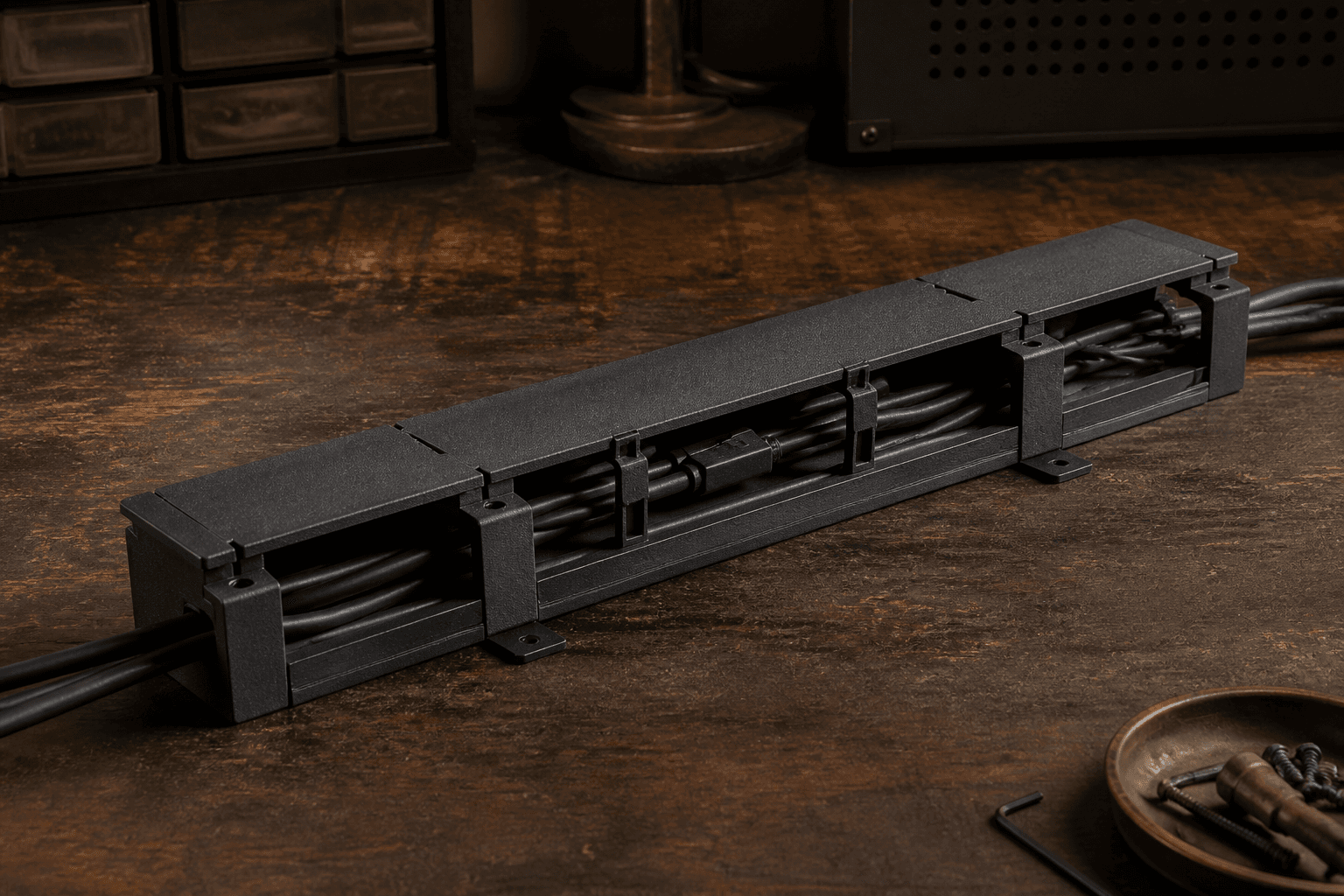 A black modular cable raceway holding organized cables on a workshop bench