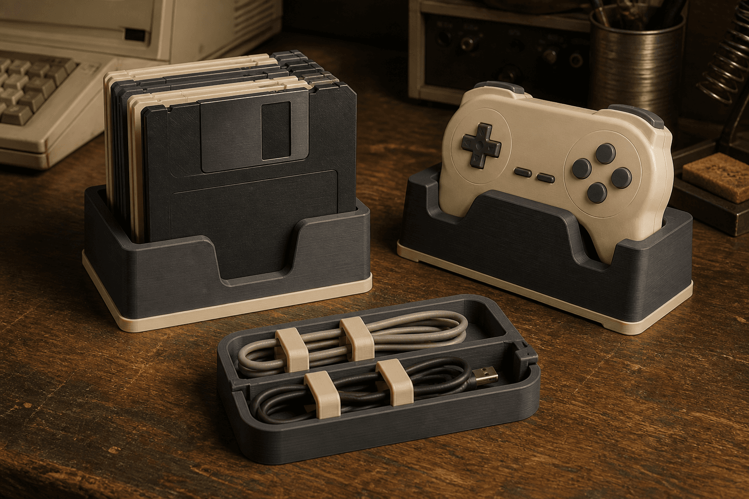 A 3D-printed stand holding floppy disks on a workbench
