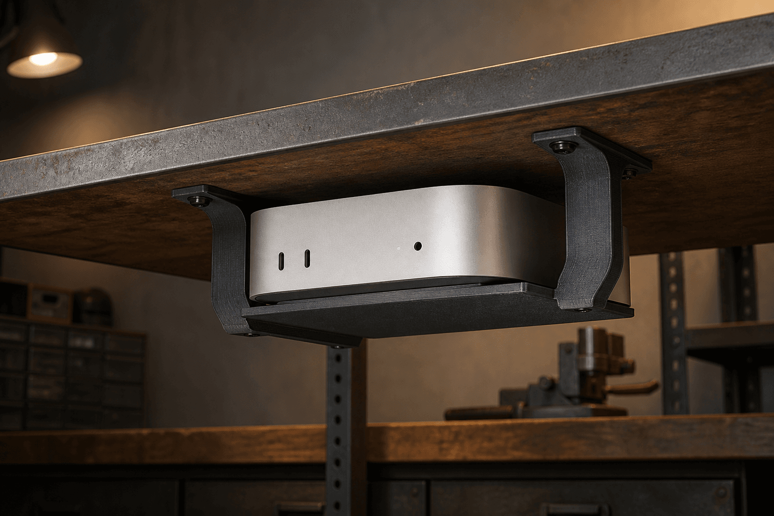 A black under-desk mounting bracket holding an unbranded mini computer